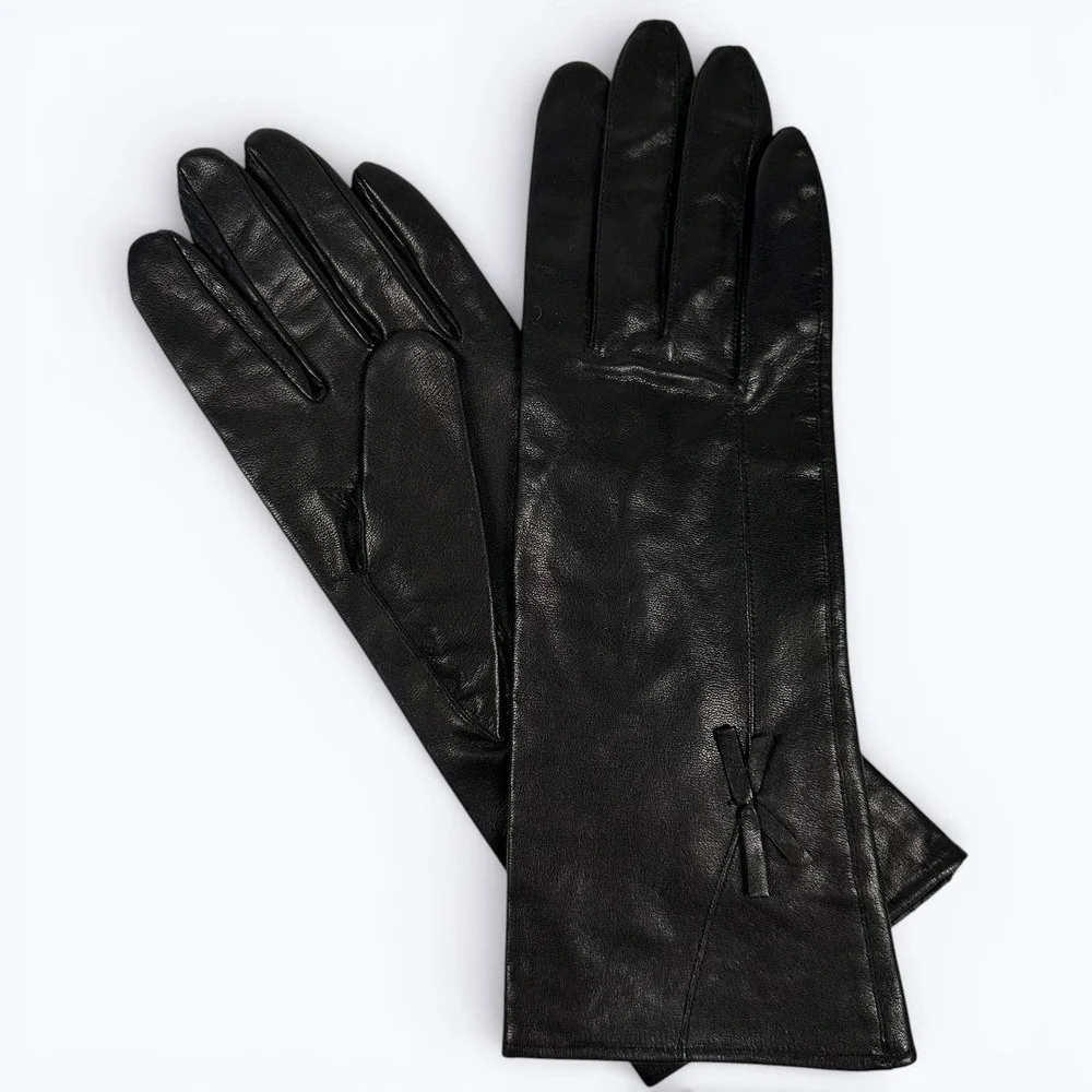 Vintage Black Leather Gloves Bow Detail Lined Japan Formal Evening Womens Size A